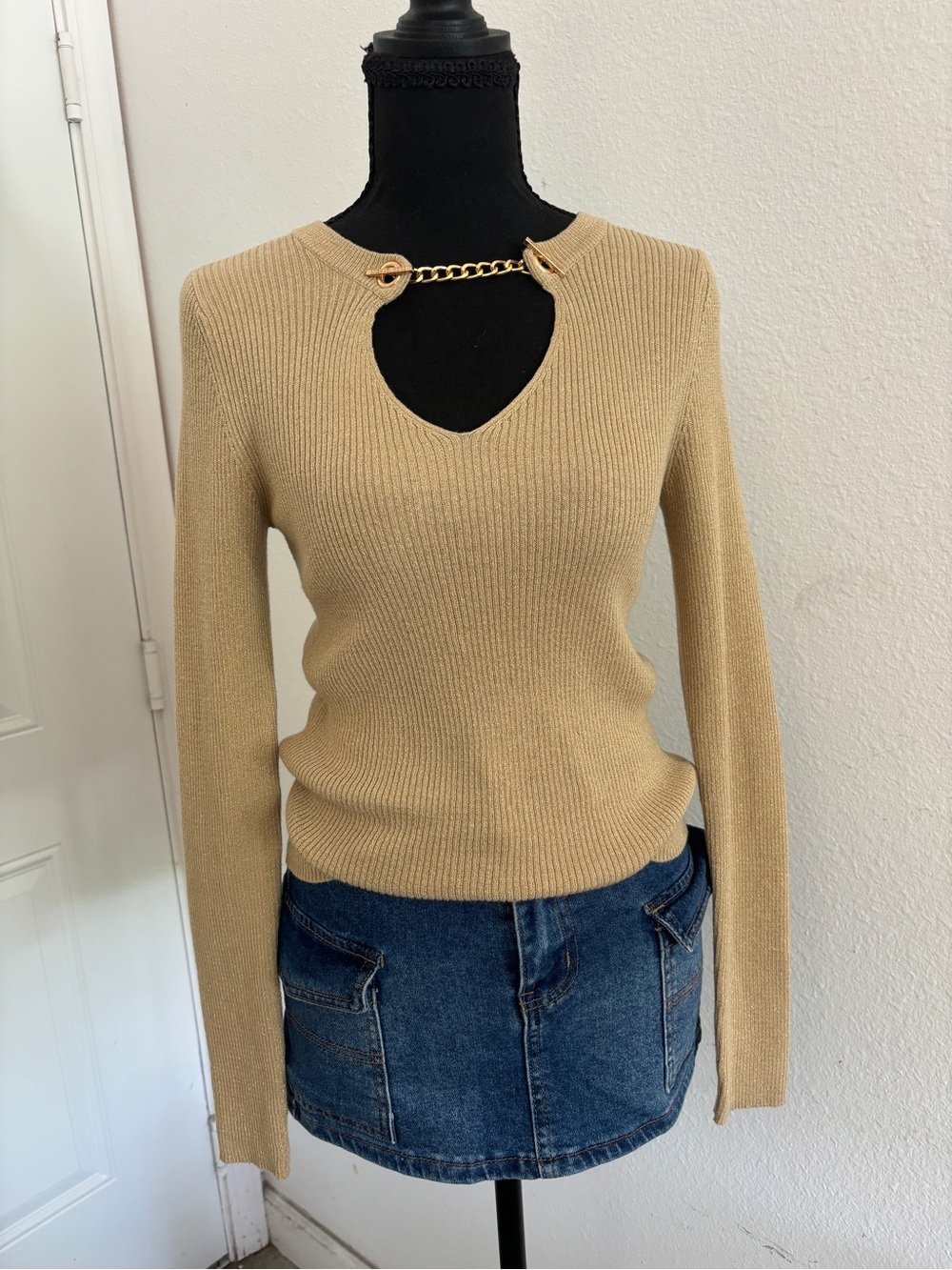 Y2K Style Michael Kors Metallic Gold Knit Long Sleeve Small - Picture 1 of 7